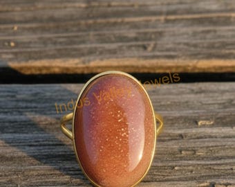Natural Sunstone 925 Sterling Silver Yellow Gold Plated Handmade Statement Boho Ring Anniversary Gift
