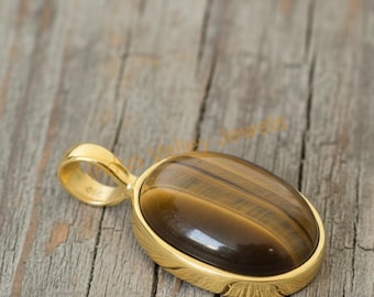 Natural Tiger Eye 925 Sterling Silver Yellow Gold Plated Handmade Statement Pendant Birthday Gift Jewelry