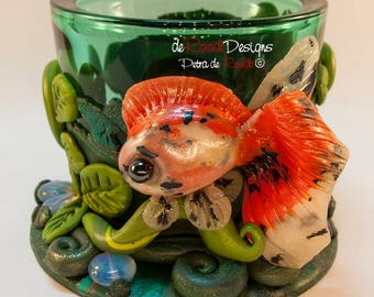 Green Tealight Glass With A Veiltail Goldfish