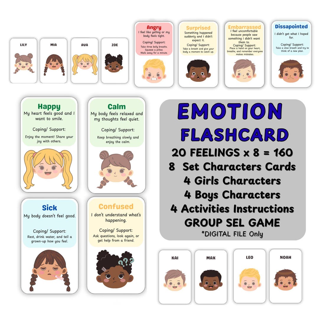 Emotional Support Flashcards | 20 Feelings Therapy Behavior Kit | 8 ...