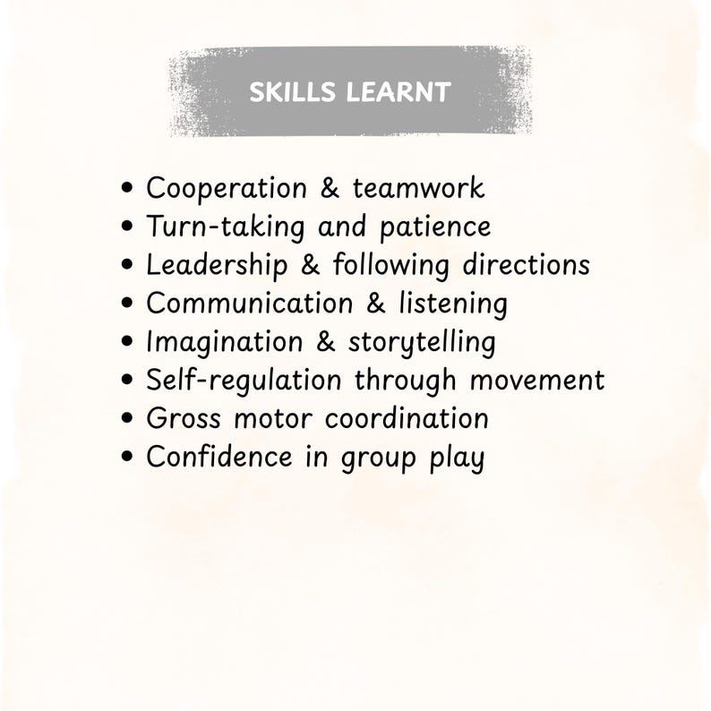 Pode incluir: Gr&aacute;fico creme com o texto "SKILLS LEARNT" em uma faixa cinza. Abaixo, uma lista com marcadores detalha habilidades como coopera&ccedil;&atilde;o, revezamento, lideran&ccedil;a, comunica&ccedil;&atilde;o, imagina&ccedil;&atilde;o, autorregula&ccedil;&atilde;o, coordena&ccedil;&atilde;o motora e confian&ccedil;a.