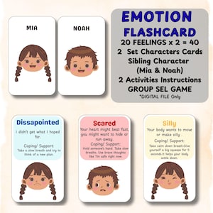 Beruhigung 20 SEL Emotionen Karte | 2 Geschwister Figur Gefühl Vorschule Montessori Lernen | Zuhause und in der Schule Therapie druckbar