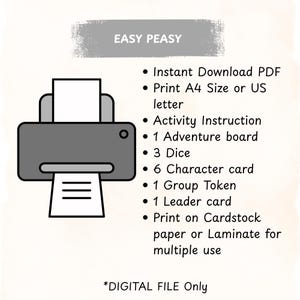 Pode incluir: Um jogo digital para download, com um gr&aacute;fico de impressora e o texto "EASY PEASY". A imagem lista os itens inclu&iacute;dos: tabuleiro de aventura, dados, cartas de personagens e mais. Dispon&iacute;vel como download instant&acirc;neo em PDF.