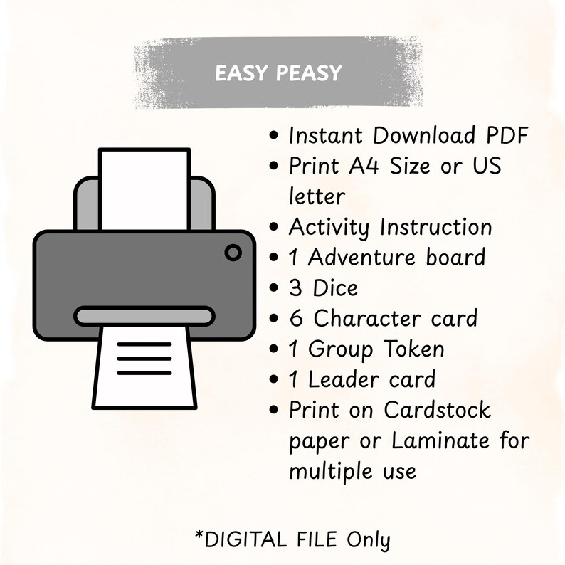 Pode incluir: Um jogo digital para download, com um gr&aacute;fico de impressora e o texto "EASY PEASY". A imagem lista os itens inclu&iacute;dos: tabuleiro de aventura, dados, cartas de personagens e mais. Dispon&iacute;vel como download instant&acirc;neo em PDF.