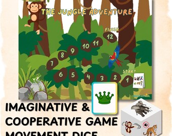 Aventura na Selva: Jogo de tabuleiro imaginativo | Dados para desenvolvimento da motricidade ampla e contação de histórias | Atividade socioemocional cooperativa para pré-escolares