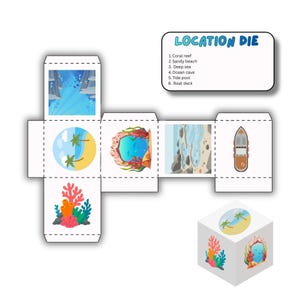 Printable ocean learning set with game board, movement cube, and sea animal cards