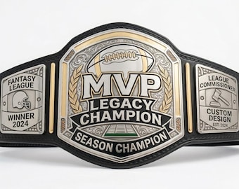 Custom Fantasy Football Championship Belt – MVP Legacy Trophy Belt – Personalized Wrestling Style Award, Metal Plates, Genuine Leather Strap