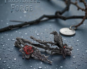 Gothic crow bracelet in alloy with red rose detail, dark romantic alternative jewelry