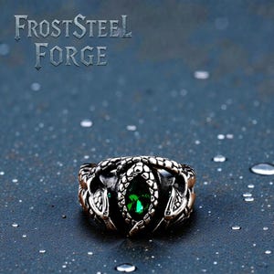 Gothic Silver Snake Ring with Green Marquise Stone in Stainless Steel Jewelry