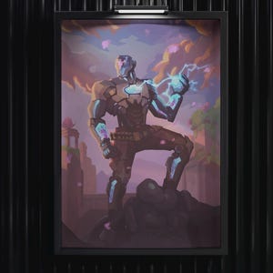 Könnte beinhalten: Gerahmter digitaler Kunstdruck einer futuristischen Figur in einer Landschaft. Die Figur hält leuchtende blaue Energie. Das Kunstwerk zeigt eine Farbpalette aus Braun-, Blau- und Rosatönen mit einem Science-Fiction-Thema.