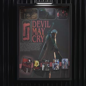 May include: A framed poster for the video game "Devil May Cry." The poster includes game screenshots, the game's logo, and the PlayStation 2 logo. The poster is displayed against a black, textured background.