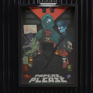 May include: A framed poster featuring stylized characters from the video game "Papers, Please." The artwork depicts several figures in various uniforms and attire, with the game's title prominently displayed at the bottom. The color palette includes shades of red, green, and blue.