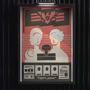 May include: Framed art print with a retro design. The artwork features two stylized figures, a stamp, and the text "Papers, please" in a minimalist style. The color palette includes red, black, and white.