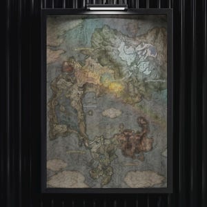 May include: A framed map print with a detailed, fantasy-style design. The map features landmasses in shades of green, brown, and blue, with cloud-like formations. The frame is black, and the background is a black, textured wall.
