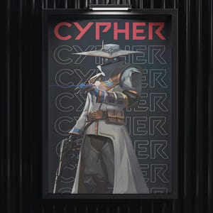 May include: Framed poster featuring a character from the game Valorant. The character, Cypher, is depicted in a long coat and hat, holding a weapon. The word "CYPHER" is displayed in red at the top of the poster.