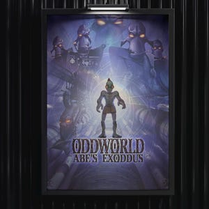 May include: Framed poster for the video game "Oddworld: Abe's Exoddus." The artwork features a central figure with a mohawk and loincloth, surrounded by alien creatures and the game's title in a stylized font. The poster is set against a dark, textured background.