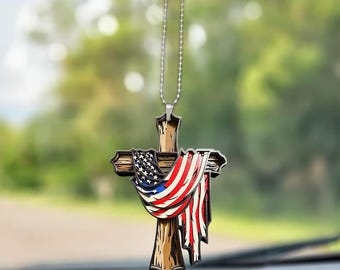 Rustic American Flag Cross Car Ornament, Patriotic 4th of July Gift, USA Christian Rearview Mirror Charm, Acrylic Decor