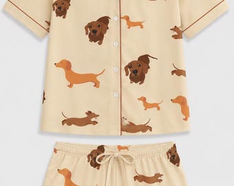 Dachshund Family Pajama Set – Wiener Dog Satin Sleepwear, All-Over Print Lounge Set