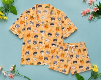 Suga Tangerine Cat Pajama Set, Yoongi Inspired Kawaii Cat Sleepwear, Daechwita Fanart Lounge Pajamas, Matching Family PJs