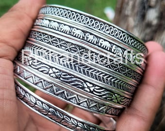 Oxidized Sterling Silver Flower Bangle Set - Handmade Indian Jewelry