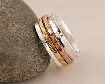 925 Sterling Silver Spinner Ring, Handmade Brass & Copper Unisex Jewelry