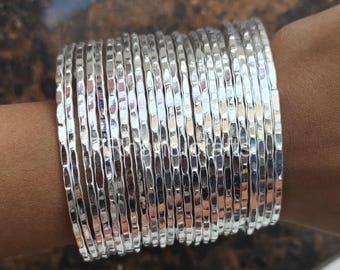 Handmade Hammered Sterling Silver Bangles Set, Stackable Boho Jewelry (Set of 12)