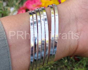 Handmade Sterling Silver Bangle Set, Flat Plain Bangles - Set of 8