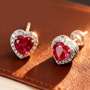 Romantic Ruby Heart Stud Earrings in Sterling Silver with Halo Design・Unique Valentine's Day Gift for Her・Anniversary Birthday Present