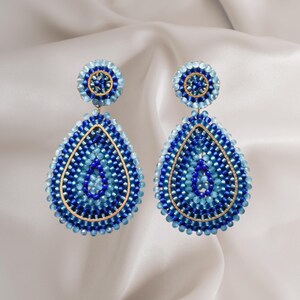 Miyuki Drop Blue I 18K Gold Plated Handmade Statement Earrings made of Miyuki and Faceted Glass Beads with Beaded Stud