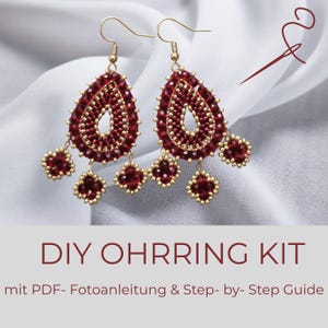 Kit DIY para Brincos Vermelho Escuro – Instruções em PDF com Fotos e Materiais para Brincos Marcantes em um Único Conjunto, Faça Você Mesmo Seus Brincos, Kit de Joias Premium