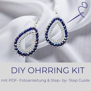 DIY Earring Kit Blue-Silver + PDF Photo Instructions, Beginner Set Miyuki Pearl Earrings - Make Your Own Materials and Instructions in One Set