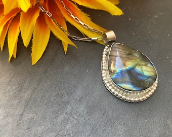 Labradorite Pendant Necklace 18 inch Sterling chain Handmade