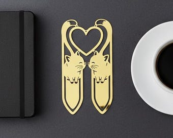 Cat Bookmark Metal , Laser Cut Two Cats Heart Book Mark , Cute Valentines Gift for Her , Book Lover Gift for Cat Lovers