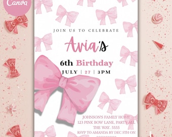 Pink Bow 6th Birthday Invitation, Canva Template (Digital Download)