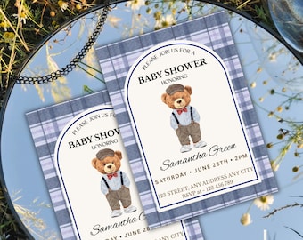 Blue Teddy Bear Baby Boy Shower Invitation, Vintage Bear Theme (Digital Download)