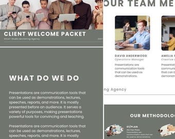 May include: A marketing presentation layout with text and images. The layout includes the title "Client Welcome Packet" and sections titled "What Do We Do", "Our Team Members", "Our Methodology", and "Videography". The Canva logo is also visible.