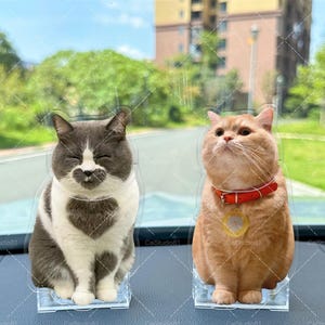 May include: Two cat-shaped acrylic decorations. One is gray and white with a heart-shaped marking, the other is orange with a red collar and a gold pendant. Both are sitting on clear bases.