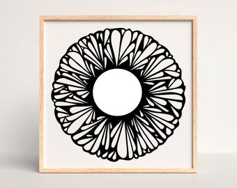 Handritat konsttryck med botanisk cirkel | Minimalistisk svartvit dekor (digital nedladdning)