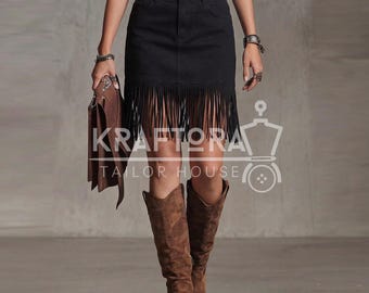 Cowgirl Schwarzer Fransen-Rock Western Style Mini Rock für Frauen