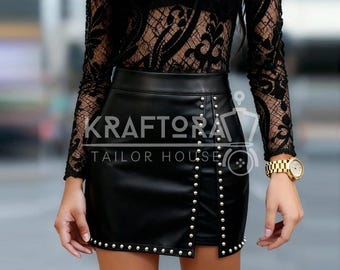 Nieten Schwarz Leder Mini Rock Hohe Taille Gothic Rock Sleek Clubwear Stil
