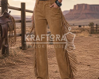 Vintage Braune Wildleder Fransen Hose für Frauen Hohe Taille Western Boho Lederhose