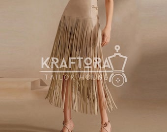 Wildleder Fransen Midi Rock, Asymmetrischer Wrap, Boho Cowgirl Festival Outfit