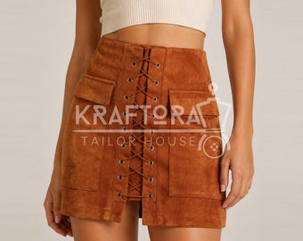 Rustic Brown Leather Mini Skirt – Lace-Up Front, Sleek Side Zipper, Modern Fashion Piece
