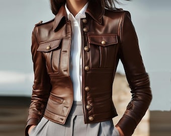Elegante Damen Lederjacke Button Up Slim Fit Office & Street Style