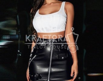 Schwarzer Leder Mini Rock mit Front-Reißverschluss Biker Rock mit hoher Taille