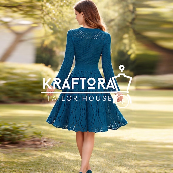 fit and flare crochet dress Teal Crochet Lace Dress: Long Sleeve Boho Fit & Flare