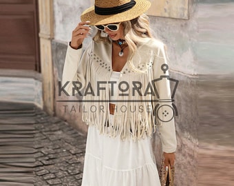 Boho Chic Fransen Lederjacke für Frauen - Western Cowgirl Cropped Quaste Jacke