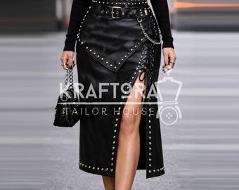 Rock Style Nieten Leder Midi Rock, Hohe Taille Punk Gothic Biker Stil