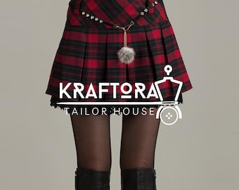 Roter-Schotten-Falten-Mini-Kilt-Rock,-Hoch taillierter-Gothic-Rock,-Punk-Style-Damen-Mini-Rock-mit-Ketten-Detail