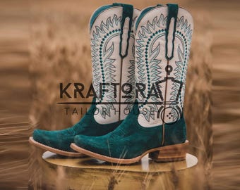 Bestickte Wildleder Cowboy-Stiefel für Frauen, Türkis Stitch Mitte der Wade Stiefel, Bestickter Western Cowgirl Stiefel